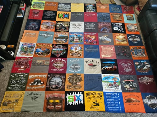 T-shirt quilt with motorcycling, travel themes by Celeste from FL