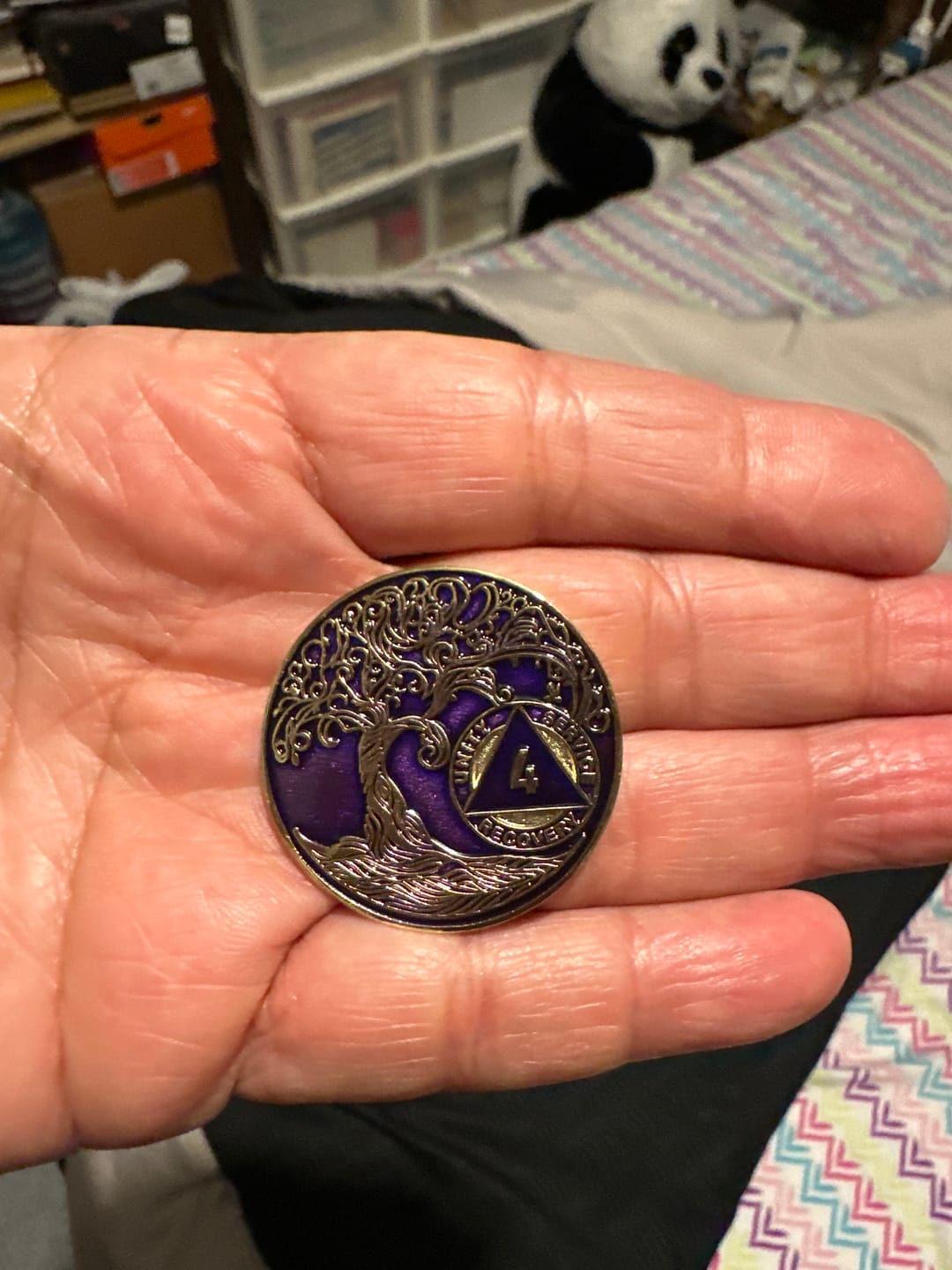 Customer photo review of 4 Year Sobriety Mint Twisted Tree of Life Gold Plated AA Recovery Medallion - Four Year Chip/Coin - Purple