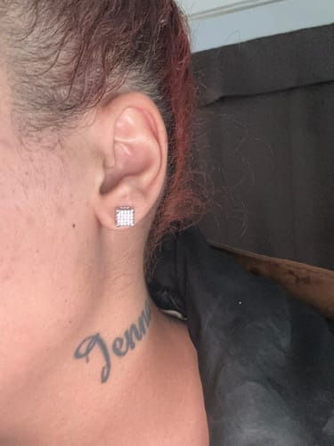 Customer photo review of White Gold Finish Iced Out Box Stud Earrings
