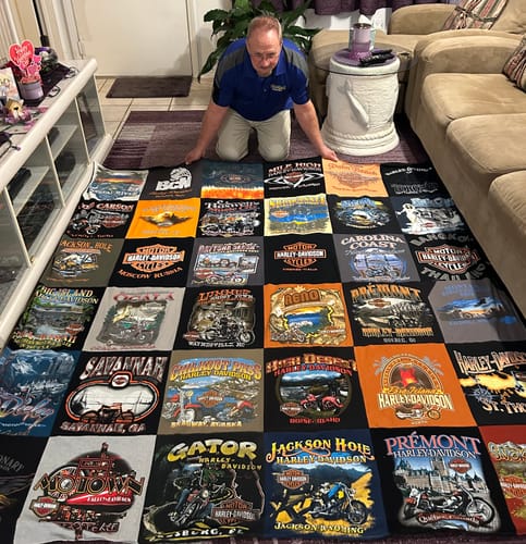 T-shirt quilt with motorcycling, travel themes by Gerald from FL