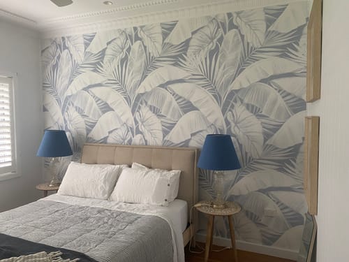 Customer photo review of Tropical Vacay White on Navy Blue Wallpaper