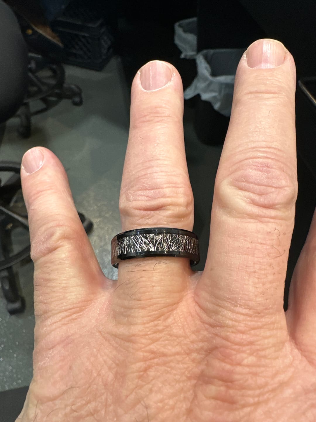 Customer photo review of 8mm - Tungsten wedding Rings W/ Black Meteorite Inlay Beveled Edges
