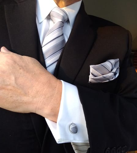 Customer photo review of Silver Grey Striped Necktie Pocket Square Cufflinks Set