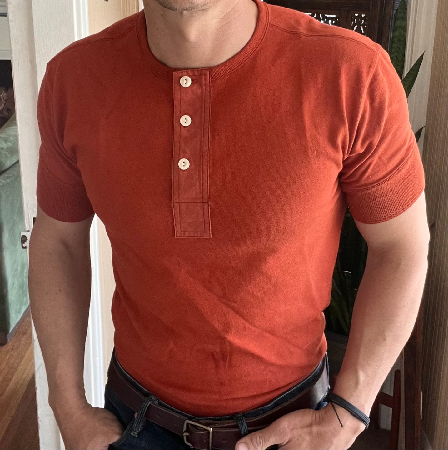 Customer photo review of Vintage Short Sleeve Henley T-Shirt - Brick Red