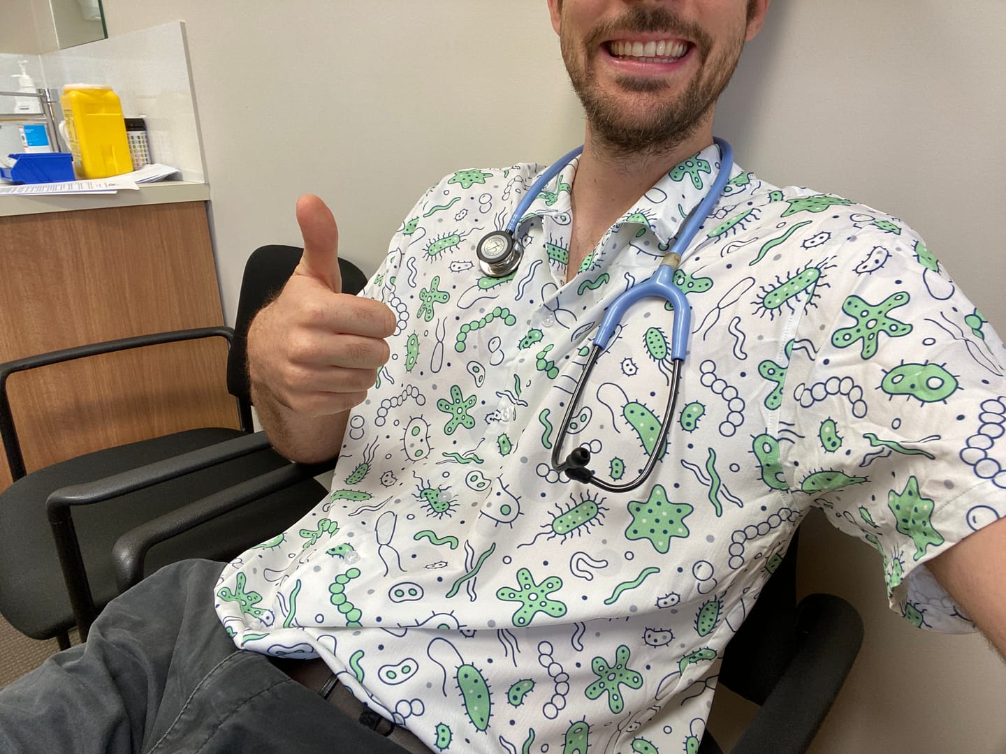 Customer photo review of Science Green Microbes White Button Up Shirt