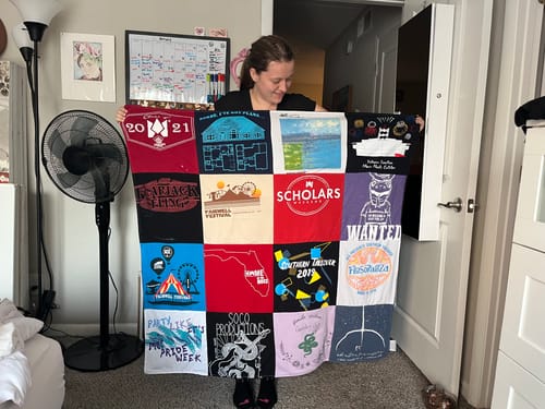 T-shirt quilt with education, scholarship themes by Casey from FL