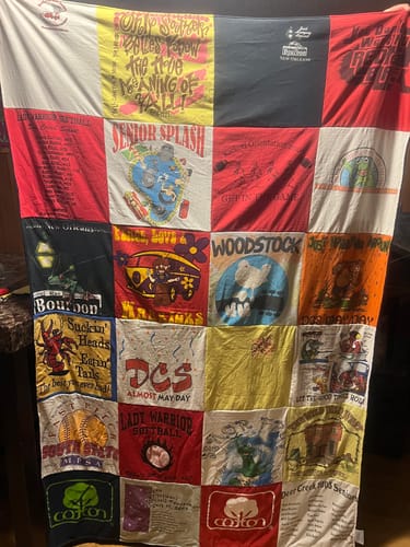 T-shirt quilt with music, festivals themes by Erin from MS