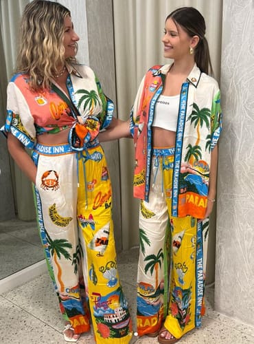 Customer photo review of Kissed By The Sun Satin Unique Print Colorblock Button Down Oversized Blouse