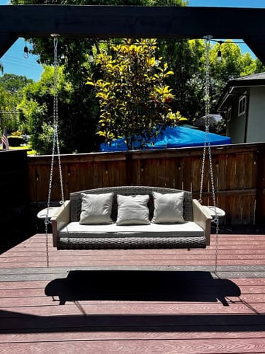 Customer photo review of 3-Seater Wicker Porch Swing with Cup Holders and Waterproof Cushions for Porch, Beige