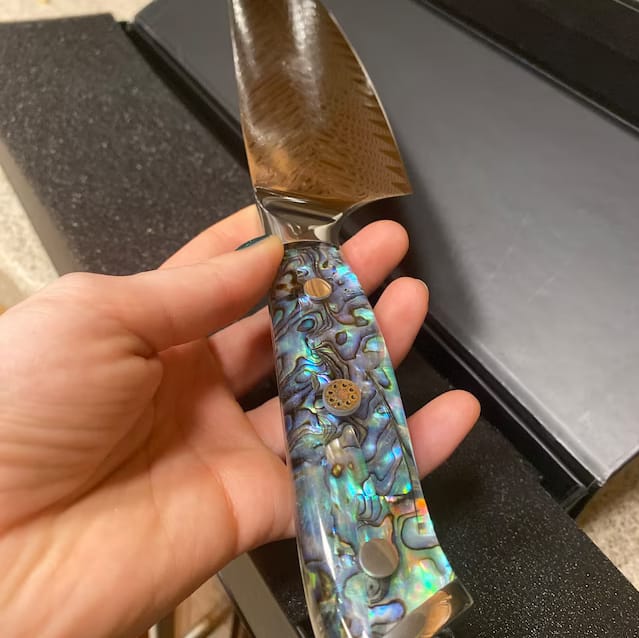 Customer photo review of Umi 8" Chef's Knife — Japanese VG10 Damascus Steel with Abalone Shell Handle