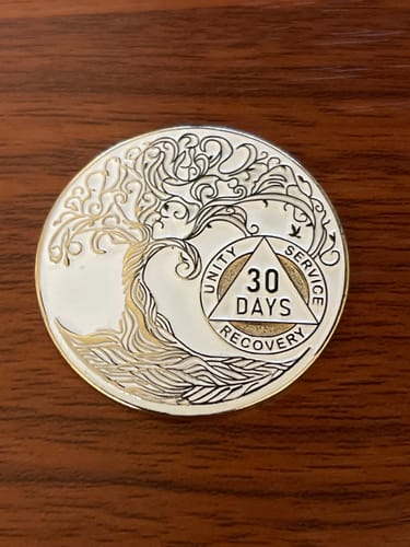 Customer photo review of 30 Days Sobriety Mint Twisted Tree of Life Gold Plated AA Recovery Medallion - 1 Month Chip/Coin - White