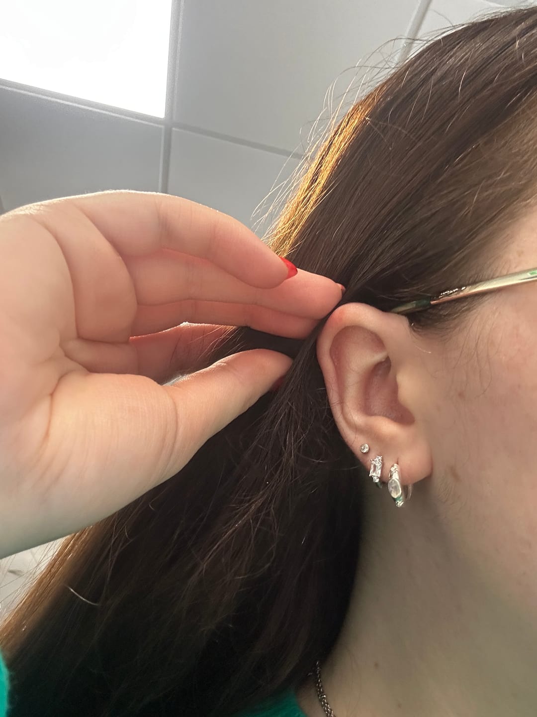 Customer photo review of Stacked Crystal Huggie Hoop