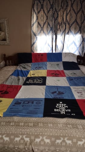 T-shirt quilt with fishing, camping themes by Beverly from PA
