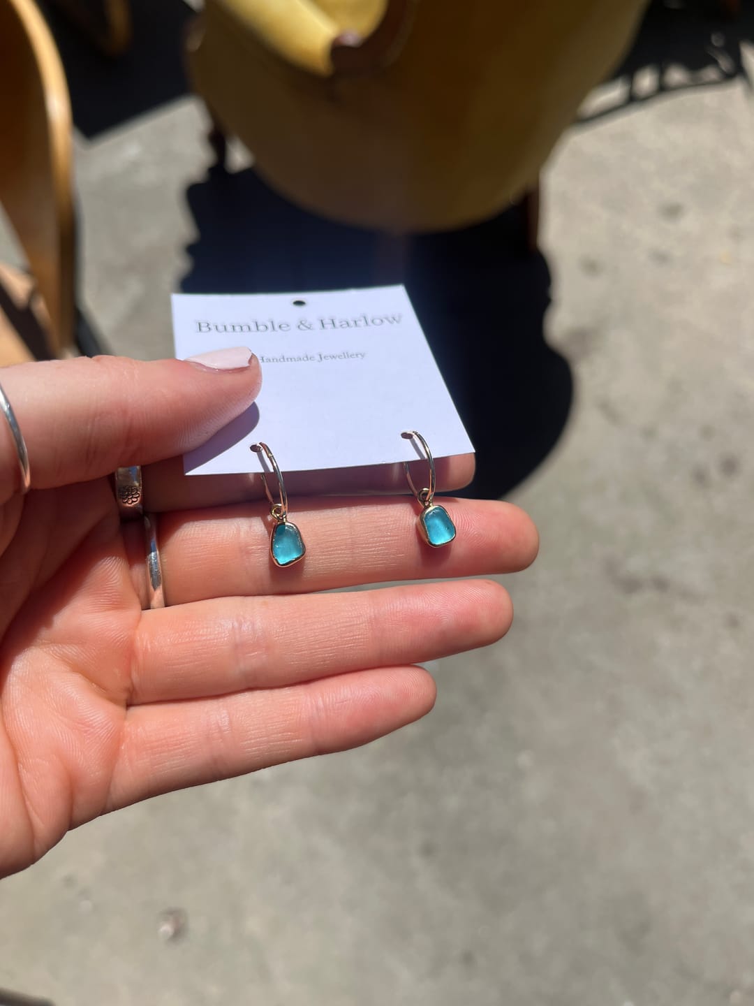 Customer photo review of Blue Sea Glass Hoops - Gold Vermeil