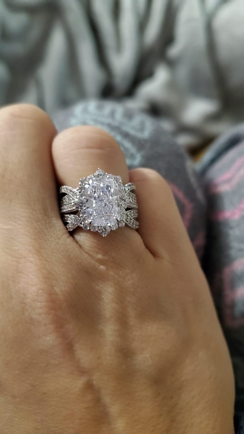 Customer photo review of S925 3.0Ct Radiant Cut Black Stone/White Stone Halo Insert Wedding Ring Set For Women In Sterling Silver