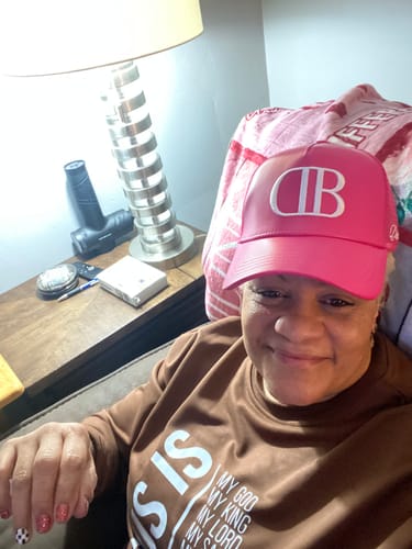 Customer photo review of Pink Leather Trucker