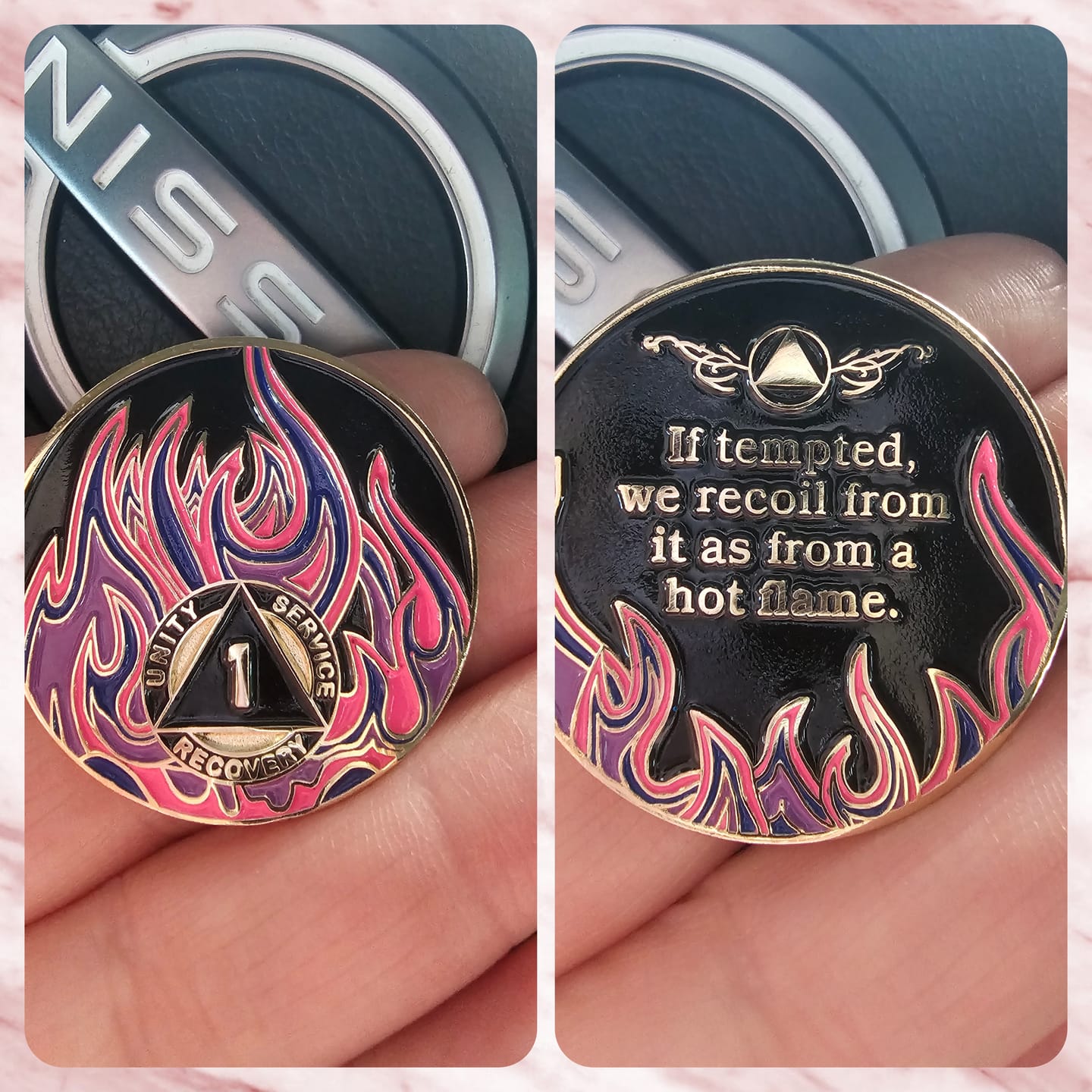 Customer photo review of 1 to 40 Year Sobriety Mint Twisted Flames Gold Plated AA Recovery Medallion/Chip/Coin - Black/Pink/Purple/Blue