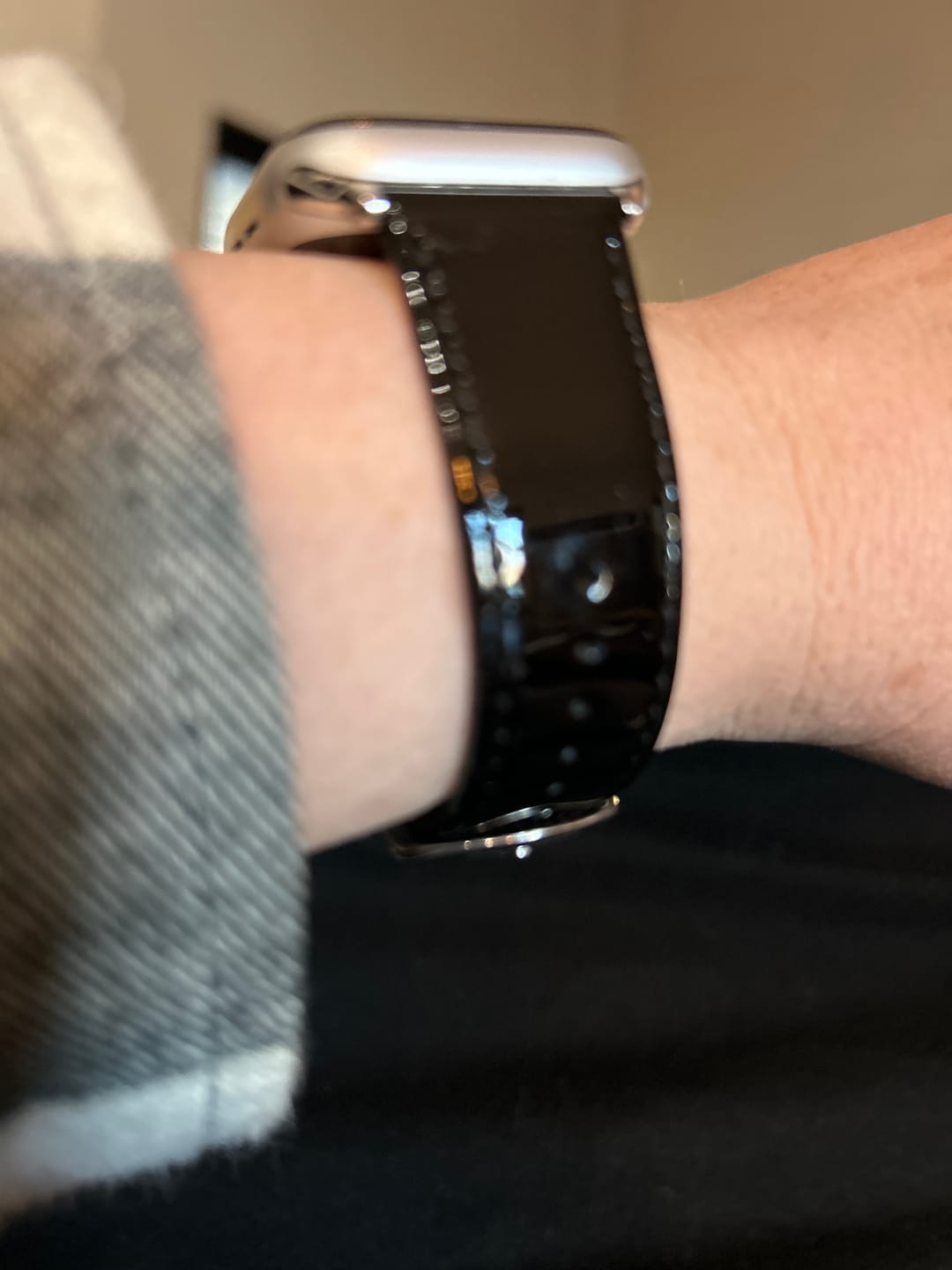 Customer photo review of Glossy Black Patent Leather Band for the Apple Watch
