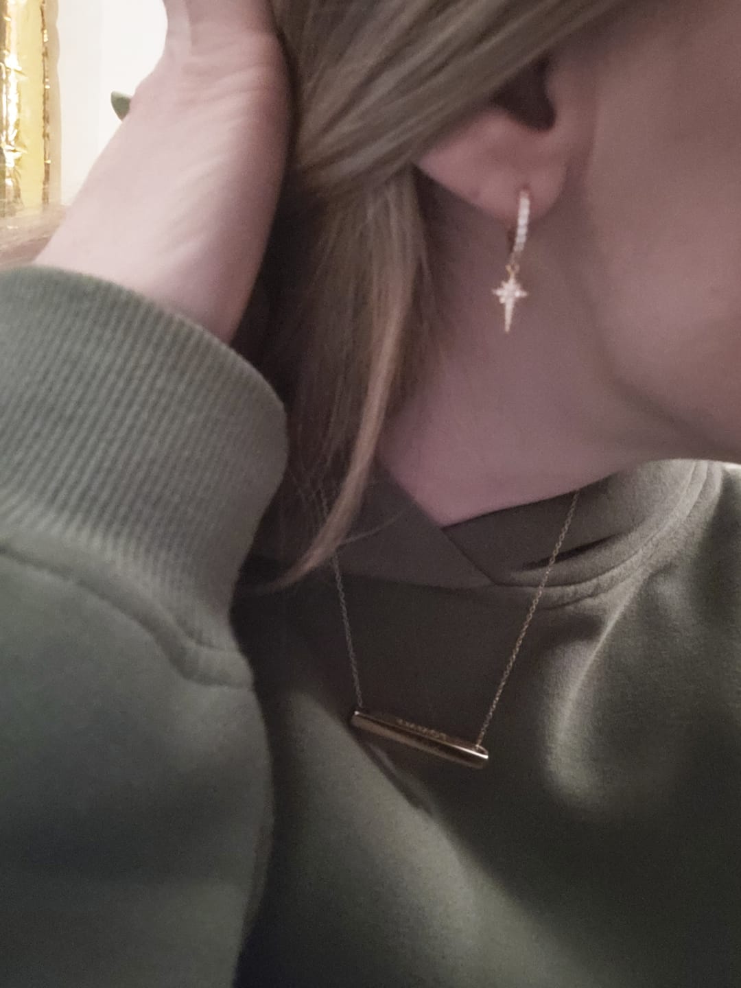 Customer photo review of 4cm Letter Bar Necklace in Gold Horizontal