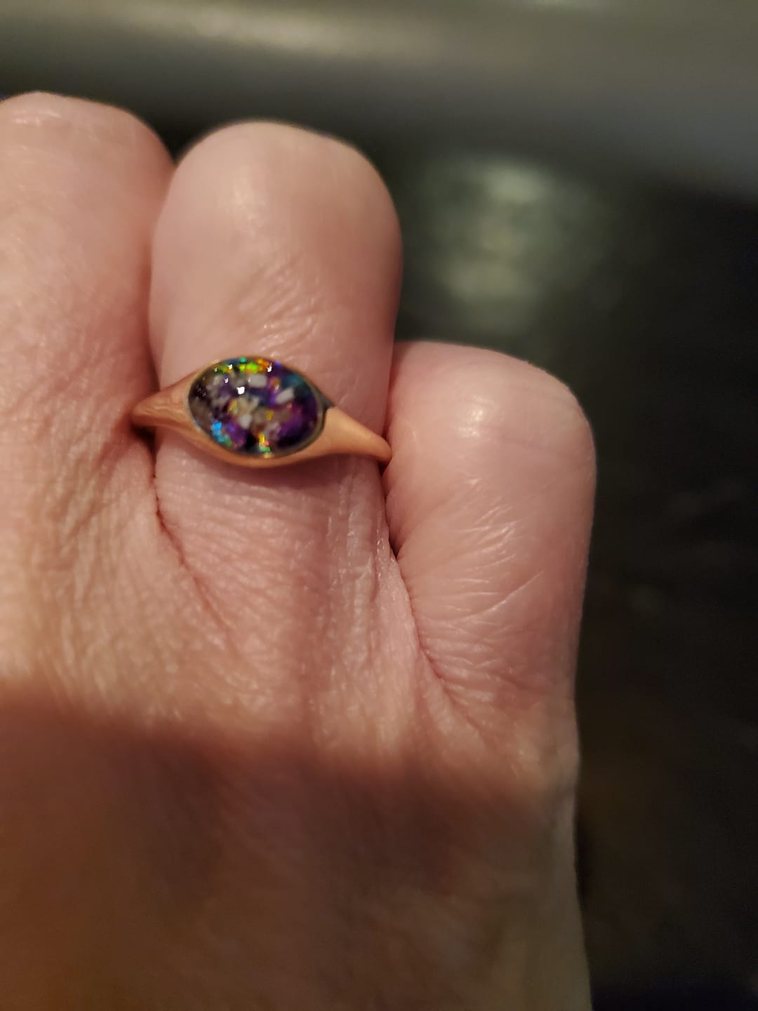 Customer photo review of Golden Oval Ring with Cremation Ashes