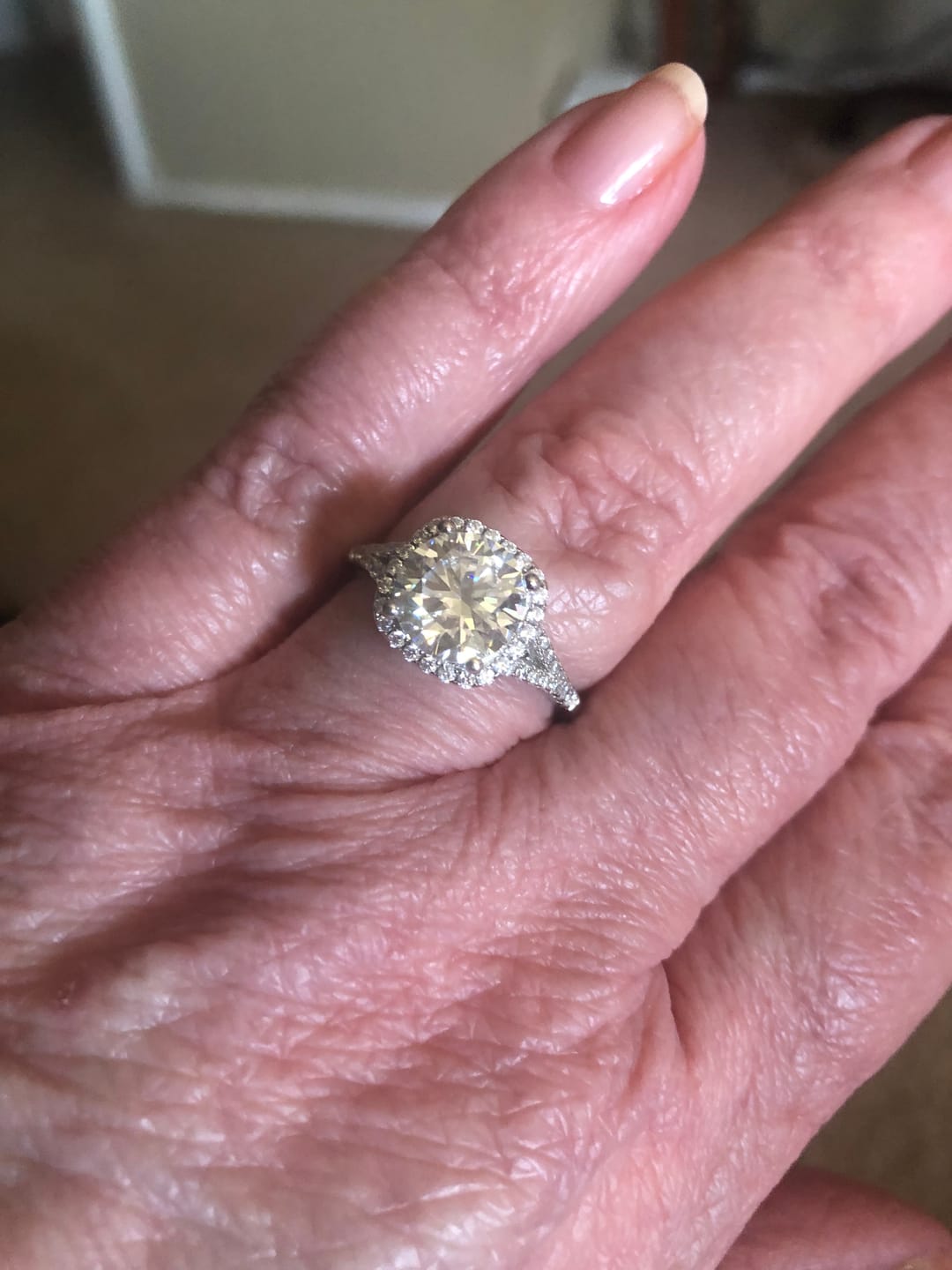 Customer photo review of Moissanite Split Shank Square Halo Pave Engagement Ring