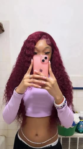 Customer photo review of 99J Burgundy Curly Hair Undetectable Glueless HD Lace Frontal Wig