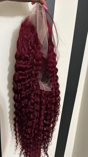 Customer photo review of 99J Burgundy Curly Hair Undetectable Glueless HD Lace Frontal Wig