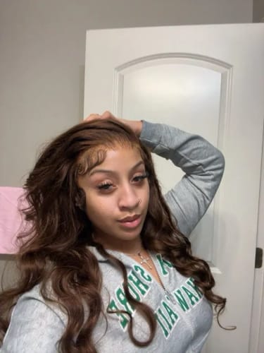 Customer photo review of #4 Dark Brown Body Wave Wig 13x4 HD Lace Front Colored Human Hair Wigs