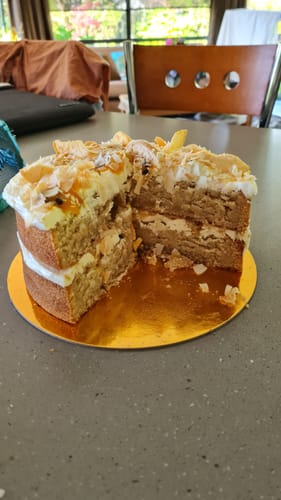Customer photo review of Peach Passionfruit and Toasted Coconut Cake (vegan)