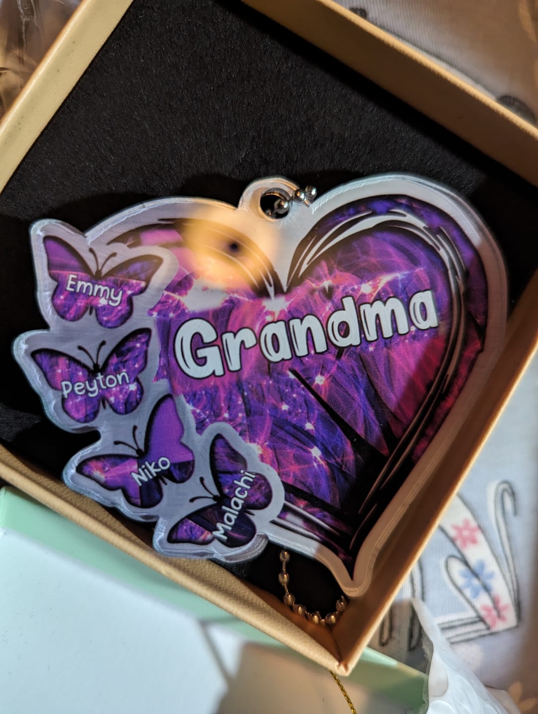Customer photo review of Sparkling Grandma- Mom Heart Butterfly Kids, Multi Colors Personalized Ornament