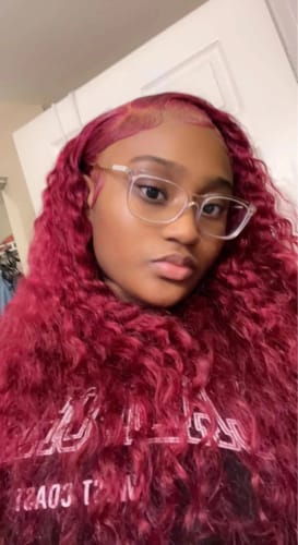 Customer photo review of 99J Burgundy Curly Hair Undetectable Glueless HD Lace Frontal Wig