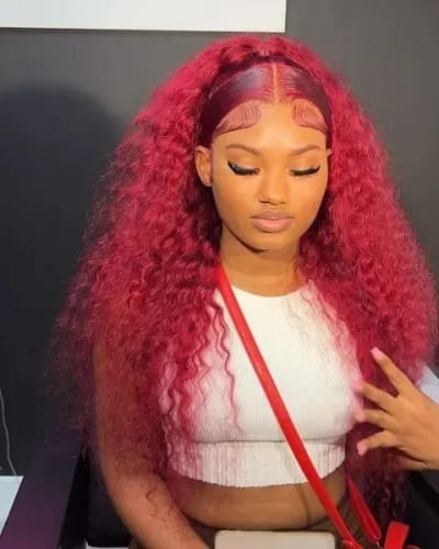 Customer photo review of 99J Burgundy Curly Hair Undetectable Glueless HD Lace Frontal Wig