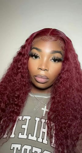 Customer photo review of 99J Burgundy Curly Hair Undetectable Glueless HD Lace Frontal Wig