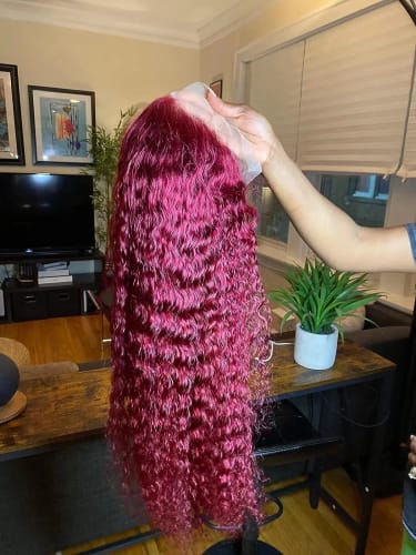 Customer photo review of 99J Burgundy Curly Hair Undetectable Glueless HD Lace Frontal Wig
