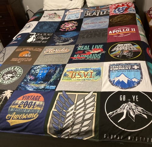 T-shirt quilt with travel, music themes by Shelby from VA