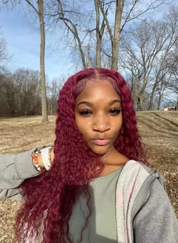 Customer photo review of 99J Burgundy Curly Hair Undetectable Glueless HD Lace Frontal Wig