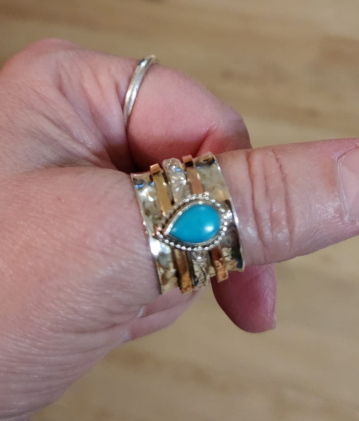 Customer photo review of Teardrop Turquoise Fidget Ring Sterling Silver