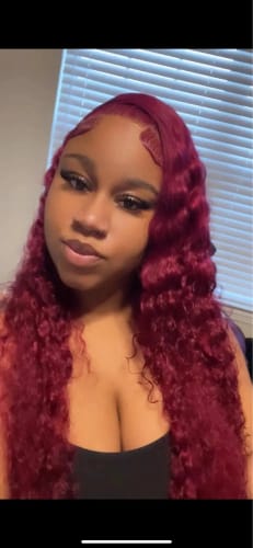 Customer photo review of 99J Burgundy Curly Hair Undetectable Glueless HD Lace Frontal Wig