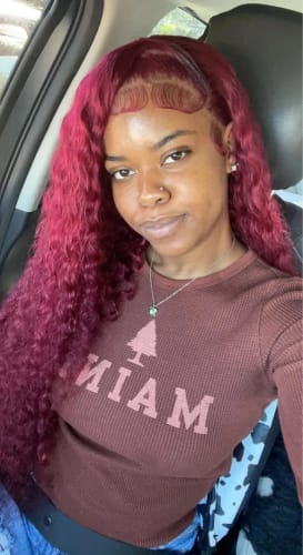 Customer photo review of 99J Burgundy Curly Hair Undetectable Glueless HD Lace Frontal Wig