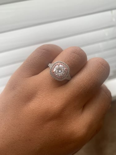 Customer photo review of Two Tone Halo Cushion Moissanite Split Shank Pave Engagement Ring