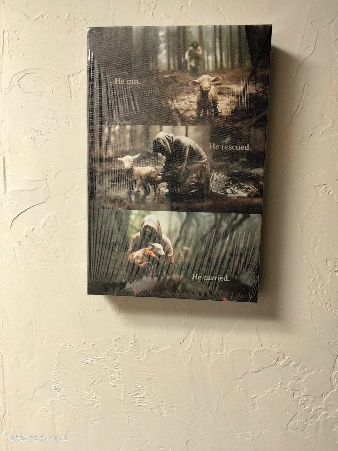 Customer photo review of He Ran, He Rescued, He Carried, Jesus and Lost Sheep, Wall Art Canvas