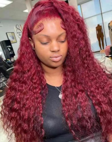 Customer photo review of 99J Burgundy Curly Hair Undetectable Glueless HD Lace Frontal Wig