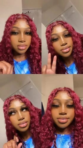 Customer photo review of 99J Burgundy Curly Hair Undetectable Glueless HD Lace Frontal Wig