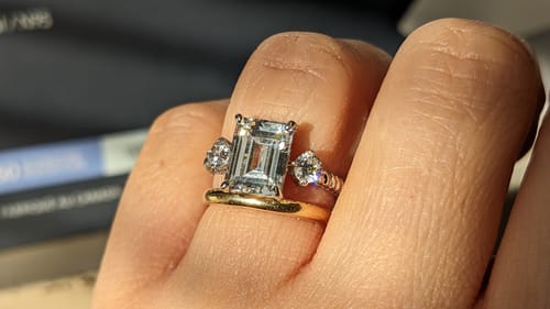 Customer photo review of 3-Stone Woven 2.6ct Emerald Cut CZ Ring in Sterling Silver