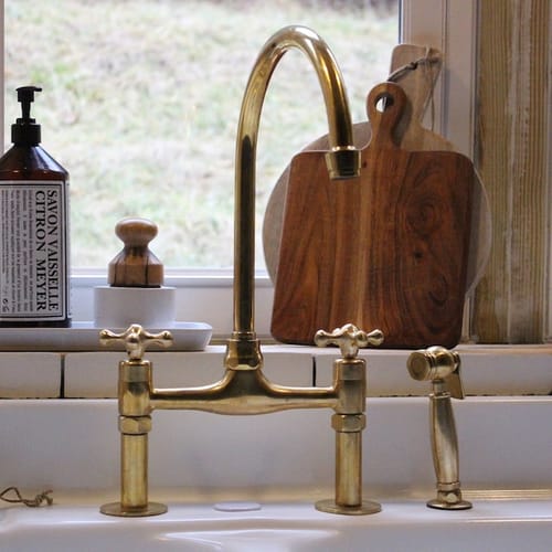 Customer photo review of Unlacquered Brass Bridge Faucet - Antique Brass Kitchen Faucet