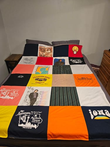 T-shirt quilt with music, birthdays themes by Jennifer from IA