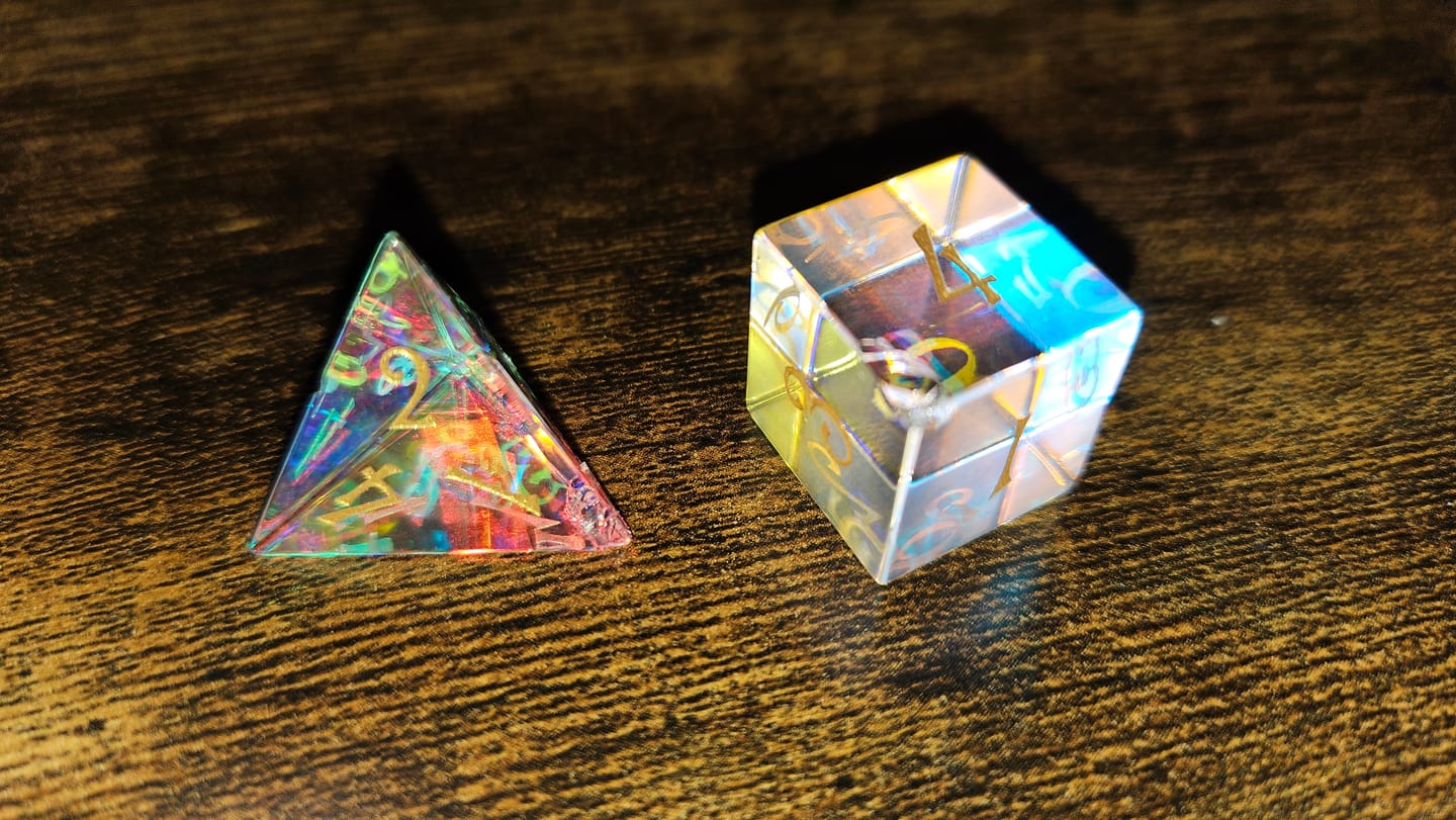 Customer photo review of URWizards D&D Dichroic Prism Glass Gemstone Engraved Dice Set