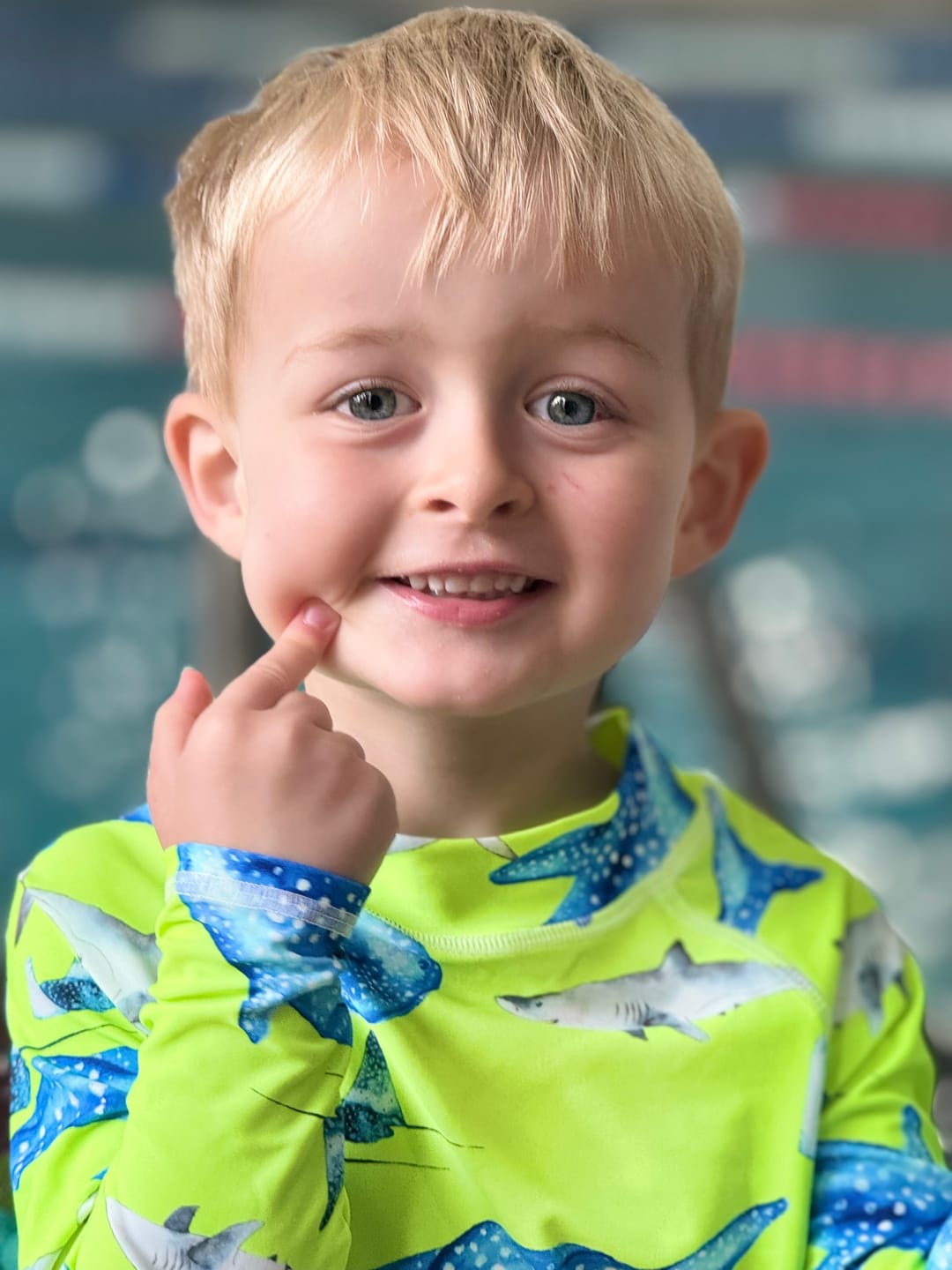 Customer photo review of Fluro Green Sharks Kids' Rash Top
