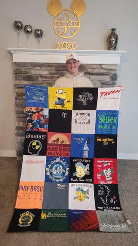 T-shirt quilt with theater, baseball themes by Danette  from ID
