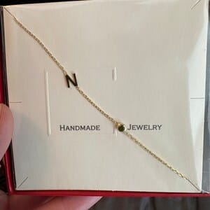 Customer photo review of Sideways Birthstone and Letter Necklace